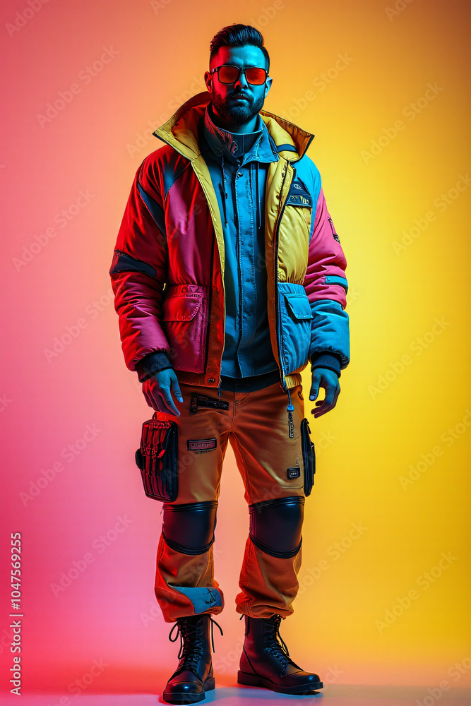 Aufkleber man futuristic outfit rocks vibrant colors retro modern style elements creating striking visual effe