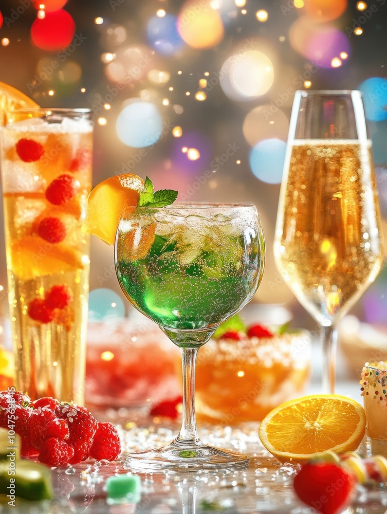 Aufkleber brightly colored cocktails are served on a table with various snacks and fresh fruit, setting a chee