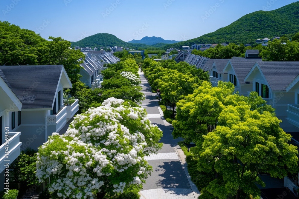 Aufkleber simple geometric design of a neighborhood block with houses and trees represented in clean, crisp sh