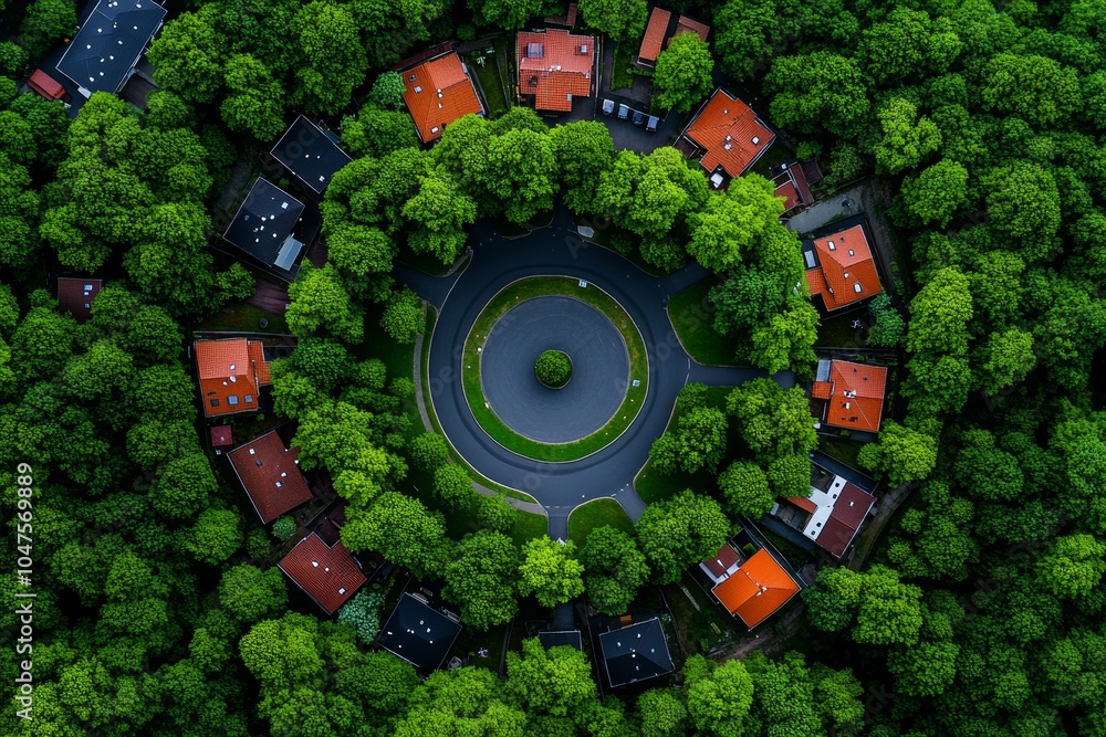 Poster simple geometric illustration of a cul-de-sac with houses forming a circle, capturing the symmetry a