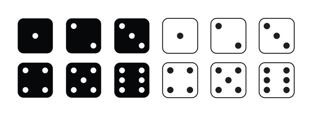 Game dice Icon with side of cube from one to six number. Set of black icon sided for gamble. Dot on cube of casino