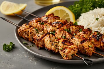 A plate of grilled souvlaki skewers, featuring tender pieces of marinated chicken, served with lemon wedges and a side of rice