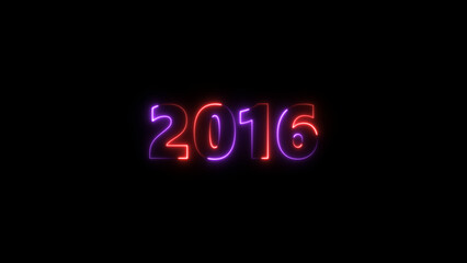 2016 neon glowing red and purple color 4k illustration. abstract glowing neon text icon 2016 on black background.