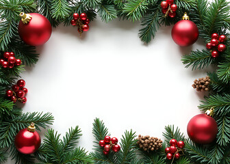 Holiday decor includes a frame around Christmas tree branches and ornaments.