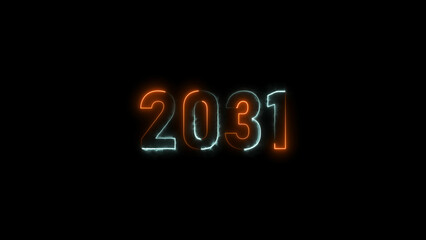  2031 neon glowing cyan and orange color 4k illustration. abstract glowing neon text icon 2031 on black background.