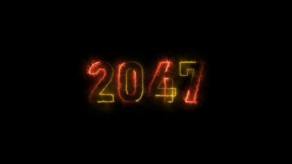 Calendar 2047 Sal neon glowing orange and lime green color animation. abstract glowing neon text icon 2047 on black background.