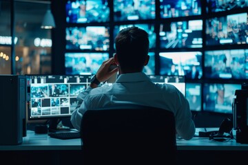 A security officer takes a break at a computer desk while monitoring multiple screens in a control room during the evening