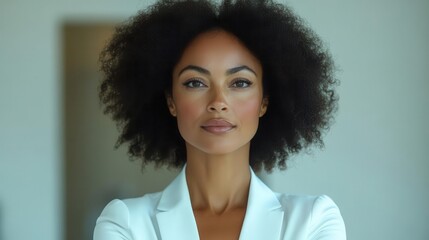 confident middle-aged businesswoman with an afro stands in an office, arms crossed, radiating pride and professionalism. dressed in a white suit, her expression conveys strength and leadership