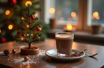 Fototapeta premium Enamel cup of hot cocoa with mini marshmallows and cinnamon bark. Pine boughs and gray scarf against a rustic background with beautiful Christmas lights of bokeh with falling Snow.
