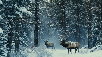 Obraz premium Two elk standing in a snowy pine forest during winter. Snowfall in a tranquil wildlife scene with tall trees.