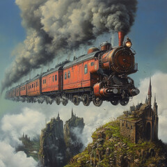 Fototapeta premium Flying trains glide effortlessly through the sky, futuristic and sleek, connecting cities with speed and elegance above the clouds.