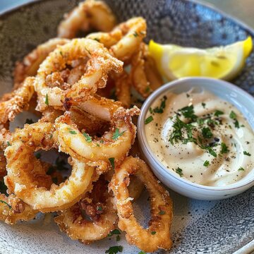 A plate of kalamari, crispy fried squid rings served with a wedge of lemon and a side of garlic mayo
