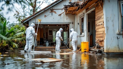 Fototapeta na wymiar Workers in protective suits clean up flood damage around a severely damaged house