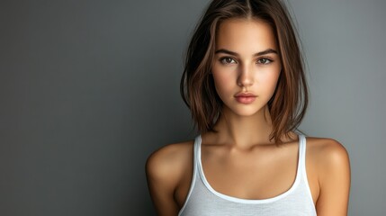 Fototapeta premium Beautiful woman in white t-shirt Women's breasts dark light background