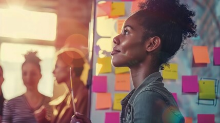 Creative Agency Brainstorming Session, dynamic team collaboration, vibrant sticky notes decorating walls, digital boards filled with ideas, fostering innovation and teamwork.