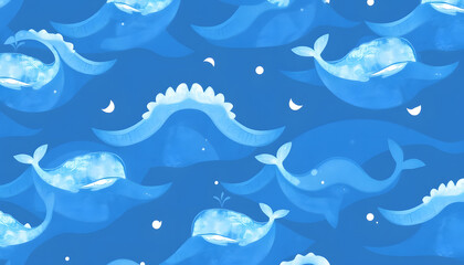 Fototapeta premium Seamless pattern with waves and whale. Childish texture for fabric, textile in blue colors. Hand drawn background. Watercolor seamless pattern isolated with white highlights, png