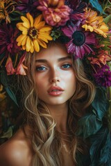 A vibrant portrait showcasing a woman adorned with a colorful floral crown, radiating beauty and celebrating nature's bounty.