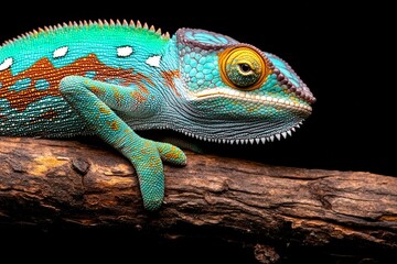 Obraz premium Colorful chameleon perched on a branch showcasing vibrant turquoise and green scales against a dark background