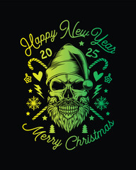 Skull with beard and mustache in Santa Claus hat. Christmas and New Year poster. Original vector illustration in vintage style. T-shirt design.