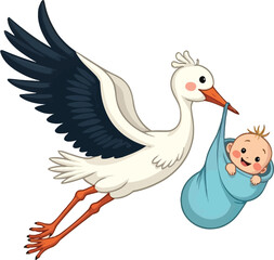 Cartoon Illustration Of A Cute Flying Stork With Playful Expression Carrying Baby Wrapped In Blanket To Parents On Isolated White background