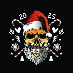 Skull with beard and mustache in Santa Claus hat. Christmas and New Year poster. Original vector illustration in vintage style. T-shirt design.