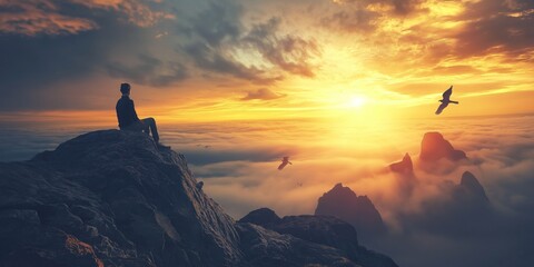 A lone figure sitting atop a mountain peak gazes out at a breathtaking sunset, symbolizing solitude and reflection.