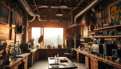 A creative workspace with vintage aesthetic and natural light
