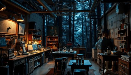 Mysterious workshop in a forest setting