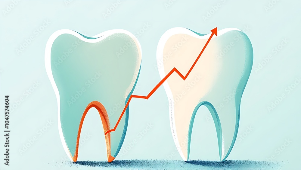 Wall mural two teeth with a red upward-trending arrow connecting them, symbolizing improvement or growth in den