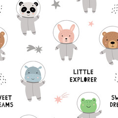 Seamless pattern with animals in spacesuits. Cute astronauts - rabbit, hippo, frog, panda, bear. Vector illustration
