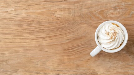 Cup of whipped cream coffee on a wooden surface, featuring a minimalistic layout with ample copy space for beverage, coffee, and dessert-related concepts.

