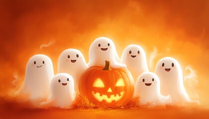 A whimsical gathering of friendly ghosts around a carved pumpkin in a warm orange glow, perfect for Halloween themes.