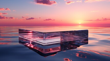 Elegant glass podium floating on water with sunset sky backdrop, ideal for luxury product display.