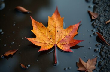 Yellow autumn leaves in a puddle close up