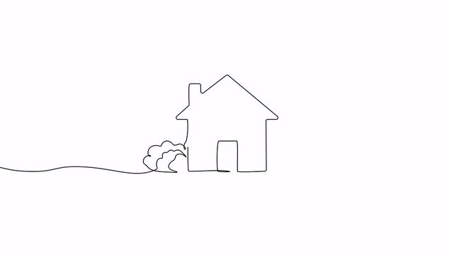 Video. Drawing continuous single editable line of small rustic house with garden trees. Residential house concept in simple single line style. Animation on white background. 4K.