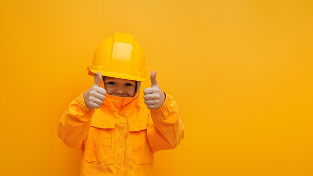 Begeistertes Kind im Bauarbeiter-Outfit mit Schutzhelm zeigt enthusiastisch Daumen hoch. Authentische Nachwuchswerbung f&uuml;r Bauberufe. Spielerische Berufsorientierung