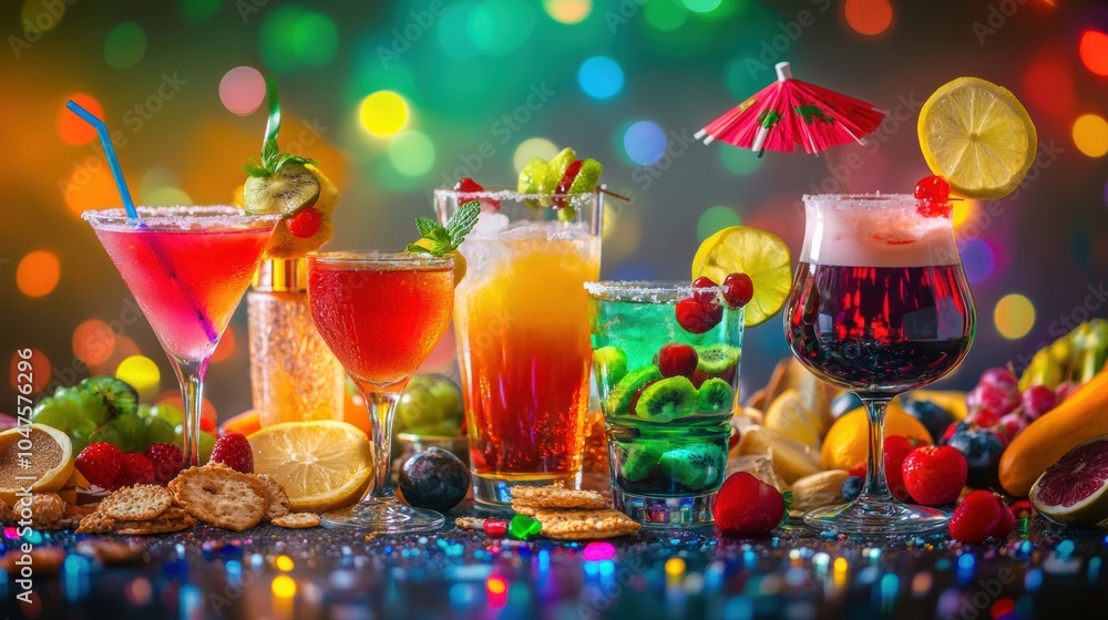 Poster brightly colored cocktails with fruit slices and snacks are beautifully arranged on a table, creatin