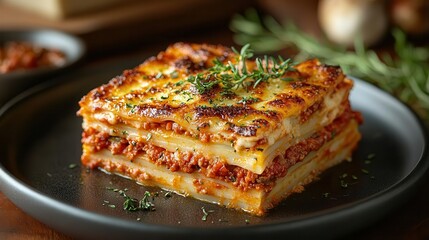 delicious traditional italian lasagne, layered with savory bolognese sauce and melted cheese, beautifully presented to evoke a warm, inviting culinary experience