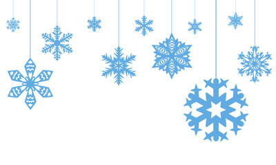 Christmas greeting card with hanging snowflakes. Winter background with copy space. Vector illustration