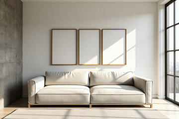 Fototapeta premium sofa sits near stucco wall modern frames minimalist living room design