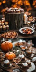 Fall Wedding Decor. Traditional Brown Wooden Decorations for Fall Tablescape