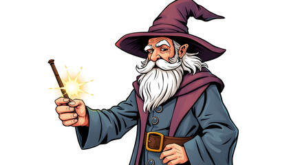 Wizard magician charmer old man fairy tale fabulous character with magic wand white beard and wizard hat pinup pop art retro PNG illustration. Comic book style imitation isolated with white highligh