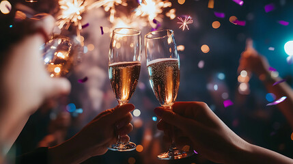 Close-up of hands clinking glasses of champagne with sparklers