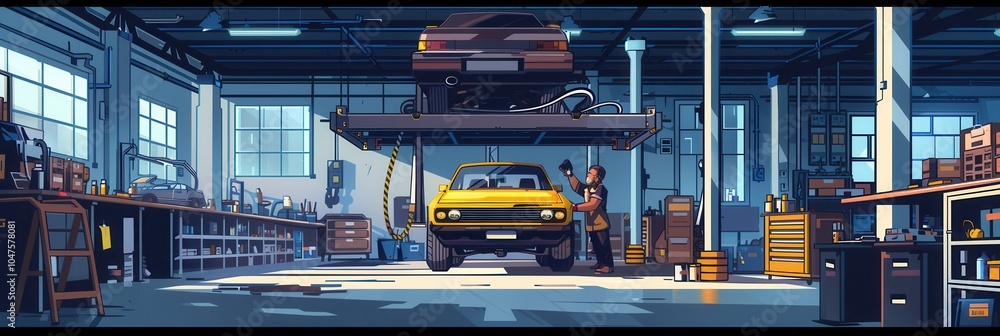 Poster a mechanic is focused on repairing a vehicle beneath a car elevated on a hoist, showcasing his exper