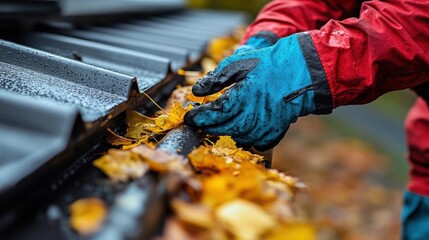 Obraz premium Person Cleaning Roof Gutter in Autumn - A Scenic View Emphasizing the Sea and Maintenance Activities in Nature