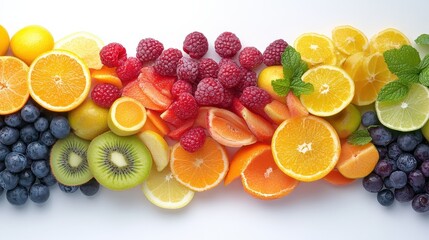 A vibrant assortment of fresh fruits including oranges, blueberries, kiwis, and raspberries arranged neatly, showcasing colors and textures.