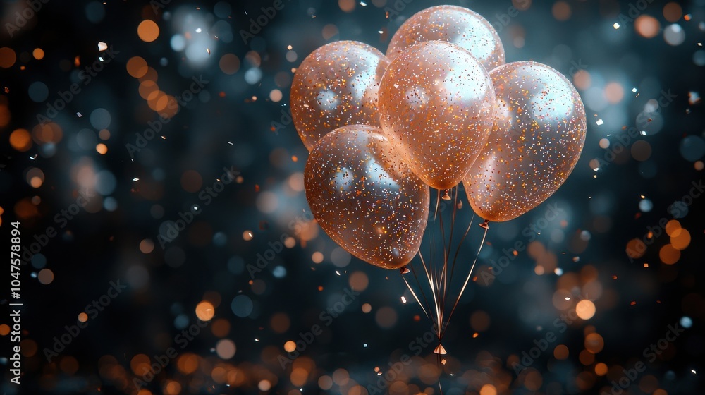 Poster a cluster of shimmering balloons with glitter floating against a sparkling background for a festive 