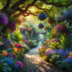 A serene and picturesque garden pathway adorned with vibrant flowers in hues of purple, blue, red, and yellow.