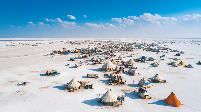 A panoramic view of the rann of kutch during the white desert festival, with tents and cultural performances against the vast white salt flats. Salt Flats. Illustration