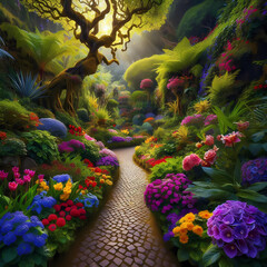 A serene and picturesque garden pathway adorned with vibrant flowers in hues of purple, blue, red, and yellow.